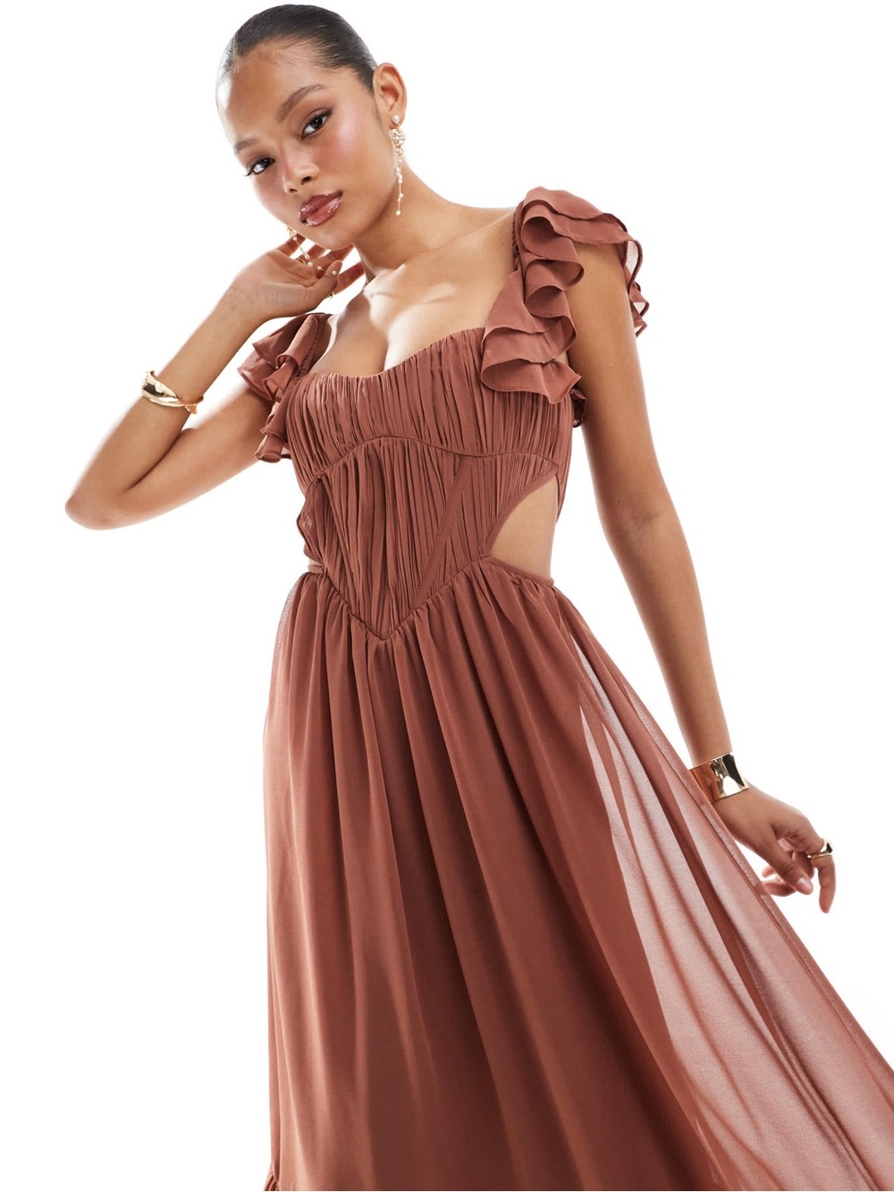 Ruffled Corset Cutout Maxi Gown in Mocha - Picture 1 of 8